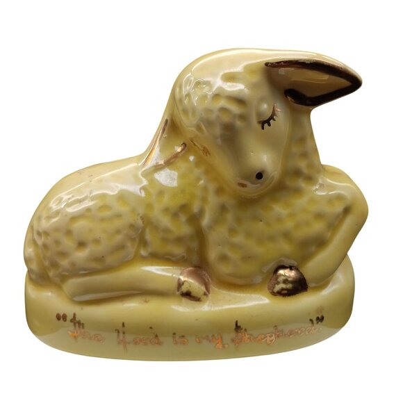Vintage Yellow Ceramic Lamb Planter With Gold Accents & "The Lord Is My Shepherd - Picture 1 of 5